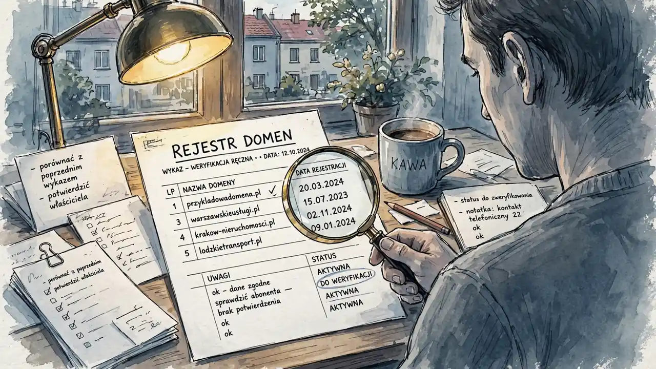 Osoba przeglądająca papierowy rejestr domen przez lupę