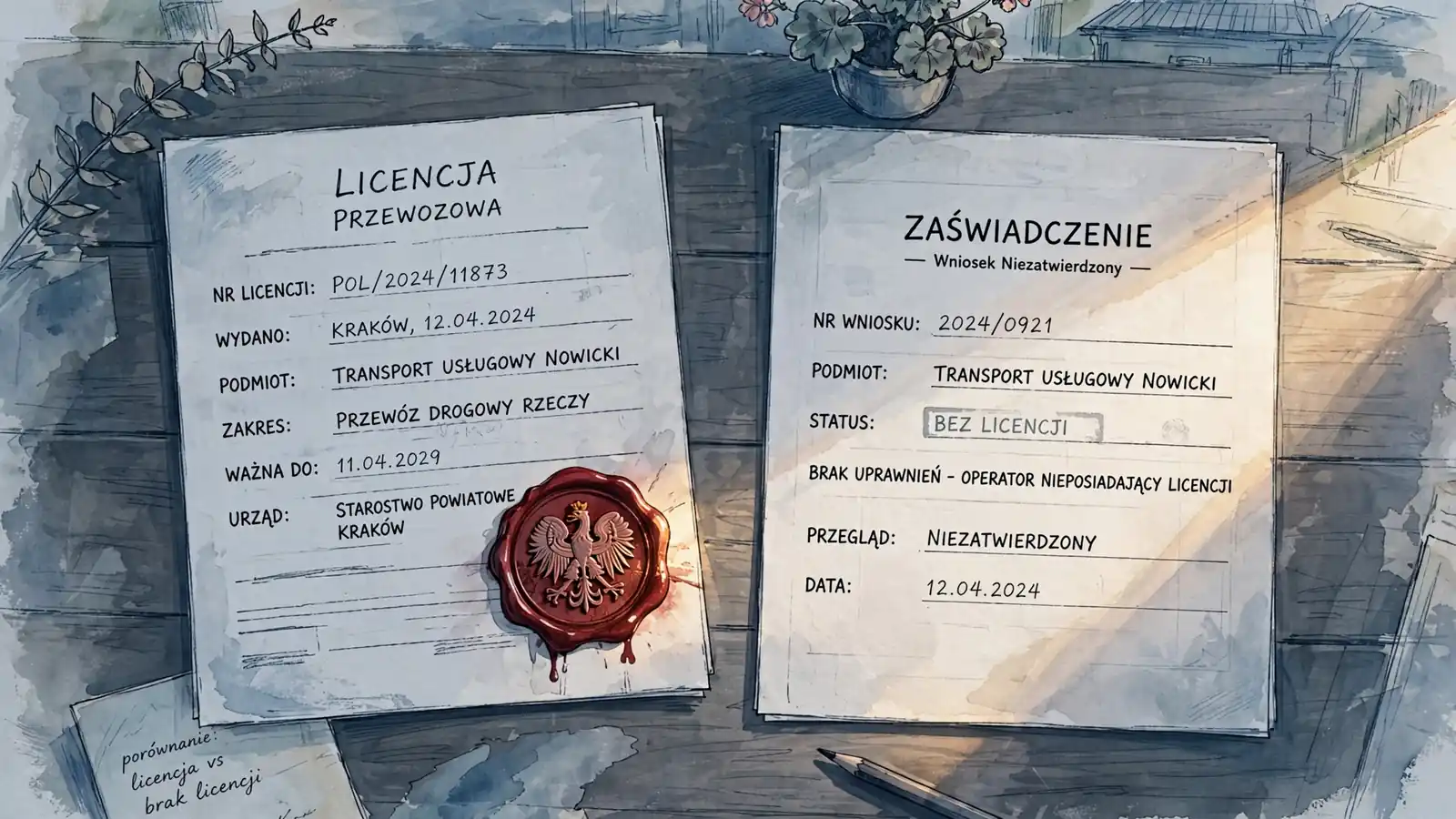 Dwa dokumenty licencyjne na biurku, jeden z pieczątką