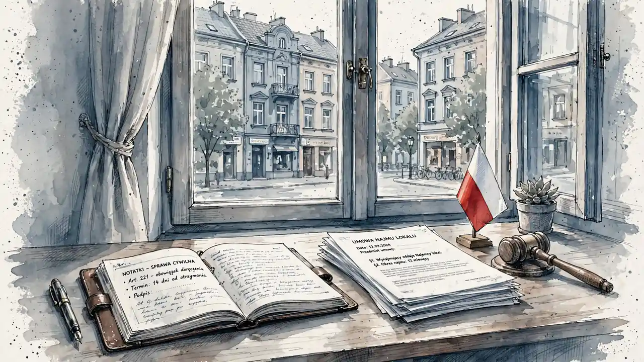 Biurko z dokumentami prawnymi, notatnikiem i polską flagą w biurze