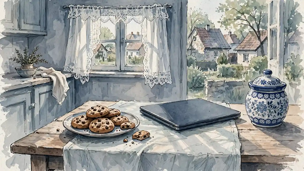 Talerz świeżych ciasteczek czekoladowych na drewnianym stole w słonecznej polskiej kuchni.